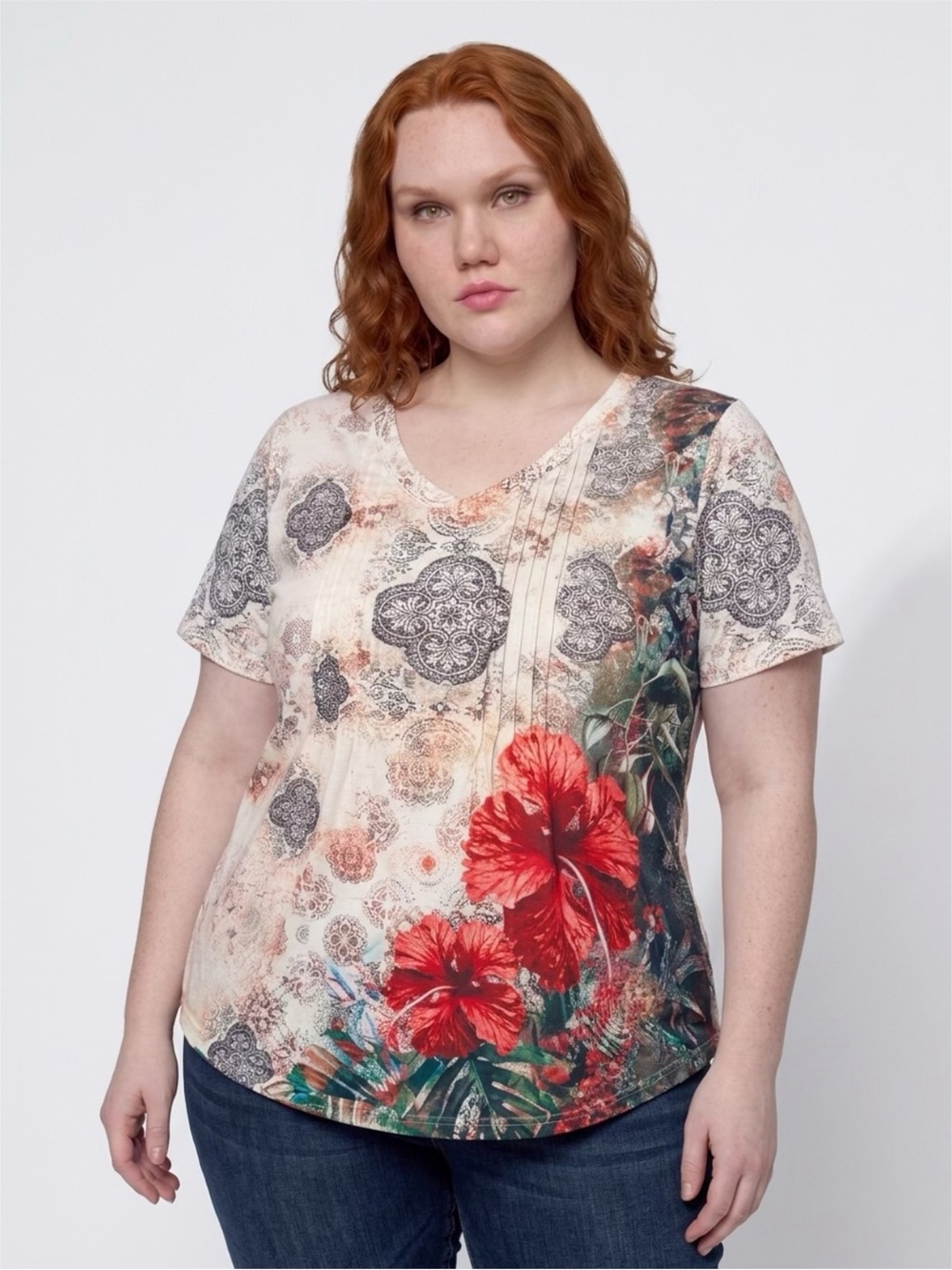 Amazon Cream V-Neck Floral Medallion Blouse with Red Hibiscus